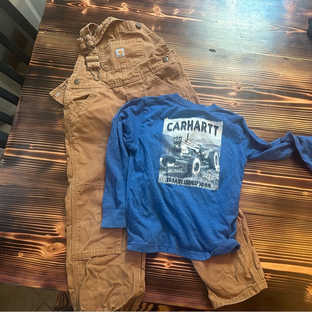 Boys 4T Carhartt Brown Overalls and Blue Long Sleeve Shirt